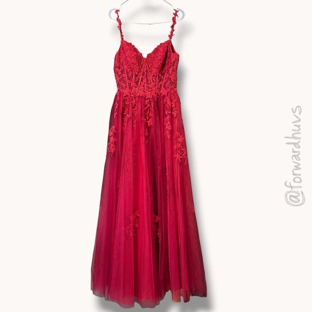 Jules & Cleo Embroidered Tulle Formal Evening Gown Red Size 8